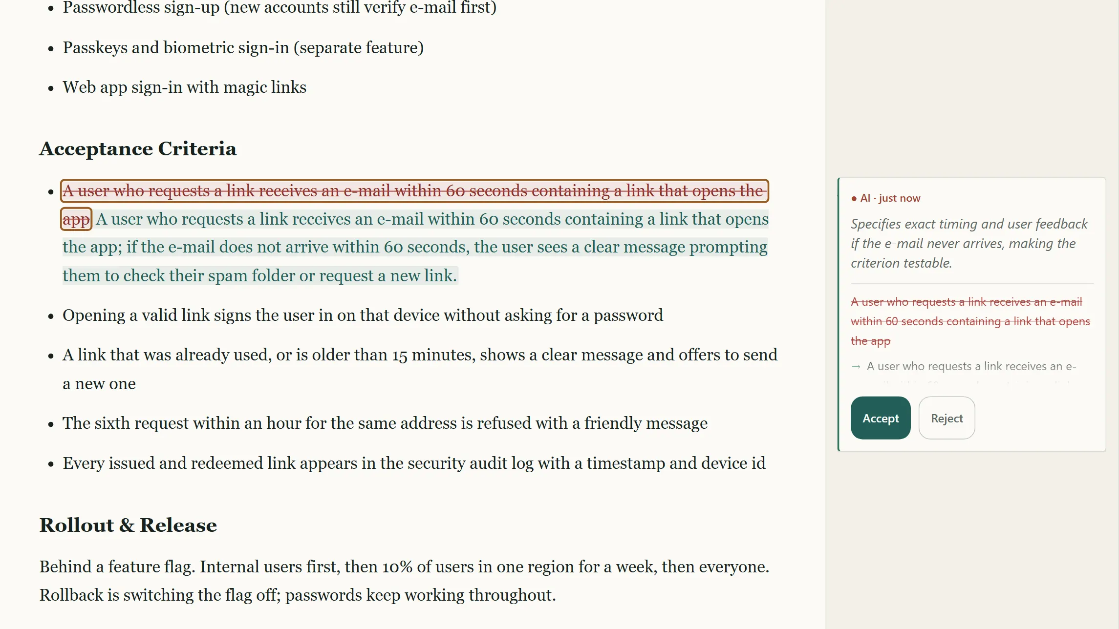 The Draft stage: a feature draft with a pending AI replacement shown inline and its suggestion card beside it.