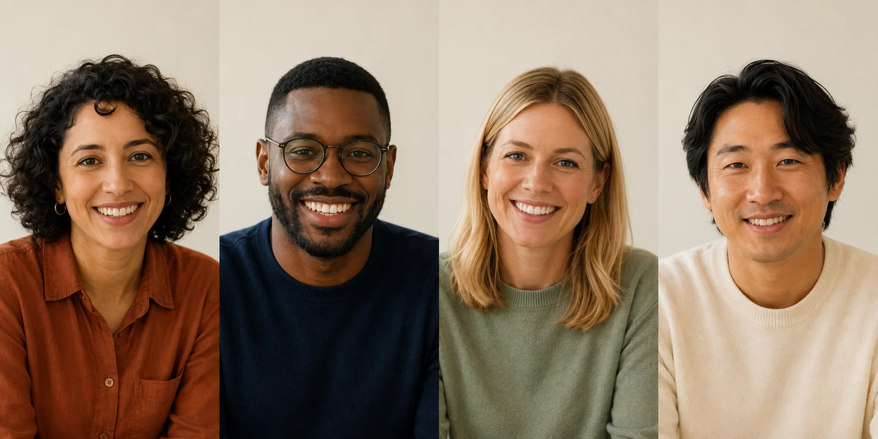 Consistent head-and-shoulders portraits of the four fictional teammates